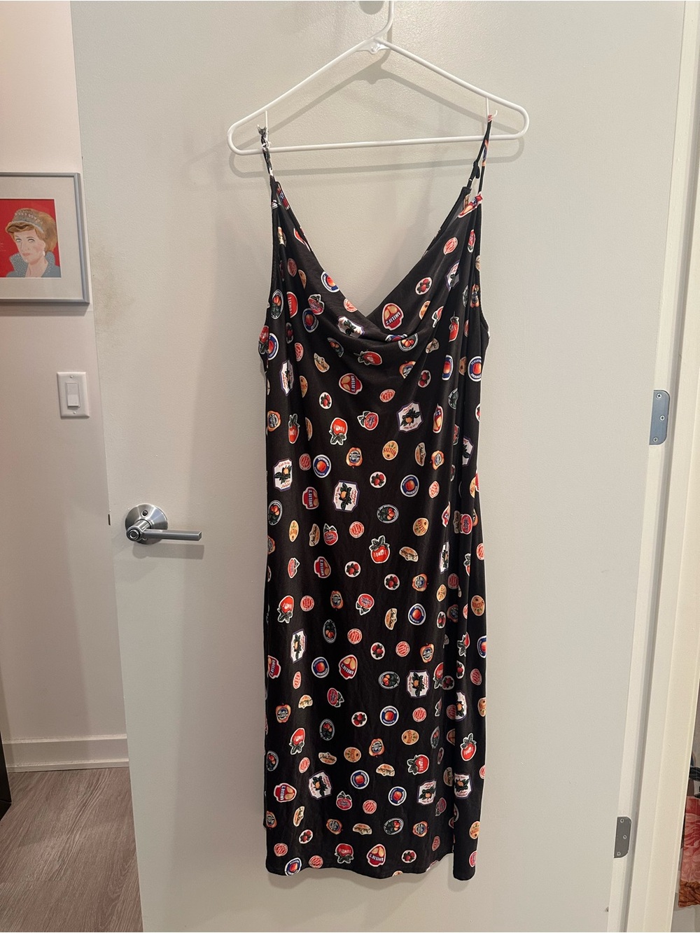 Maeve Black Slip Midi Dress with Multicolor Dot Motif